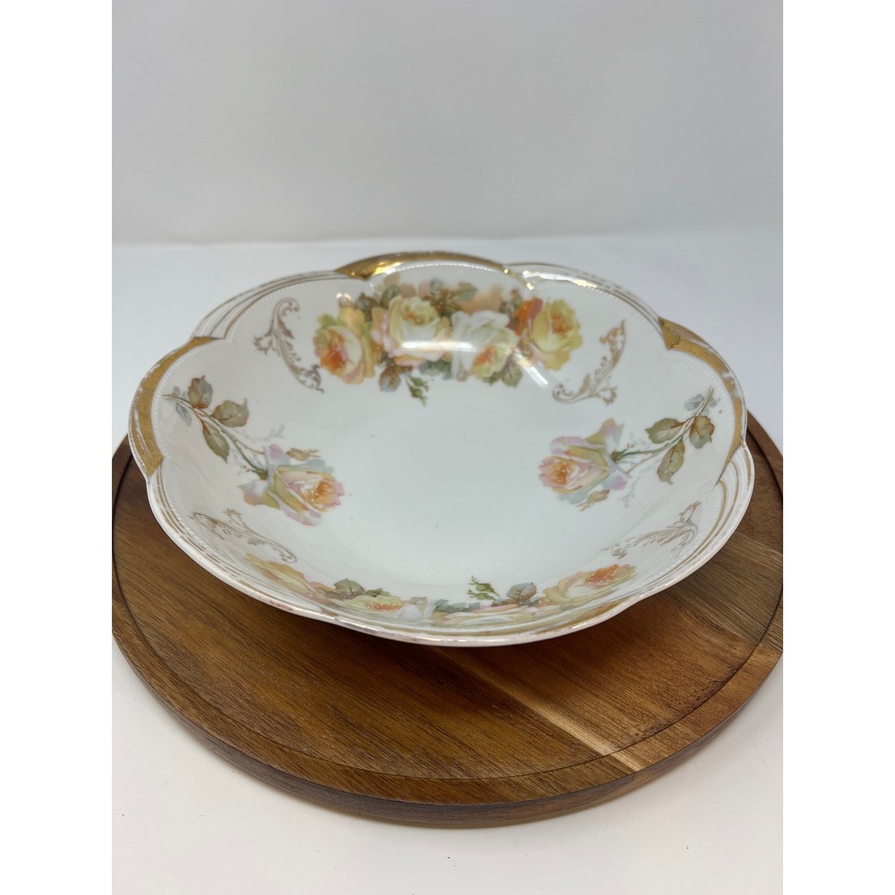 Vintage Porcelain Bowl Floral Roses Gold Trim Scalloped Edge‎